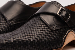 The Rolls Woven Black Leather Single Monk Strap Handmade Shoe All New