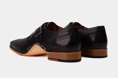 The Rolls Woven Black Leather Single Monk Strap Handmade Shoe All New