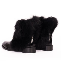The Izmir Black Patent Leather Natural Fur Mid Calf Boot For Sale
