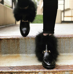 The Izmir Black Patent Leather Natural Fur Mid Calf Boot For Sale