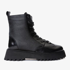 The Yildiz Black Leather Lace-Up Ankle Boot With a Side Zipper Universal Fit