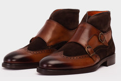 The Albus Tan Leather Suede Double Strap Monk Brogue Boot Exclusive Style