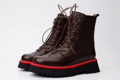 The Yildiz Brown Leather Lace-Up Ankle Boot With a Side Zipper All New