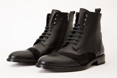 The Anderson Black Leather Suede Brogue Lace-Up Boot with a Zipper Fine Craftsmanship