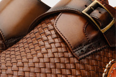 The Rolls Woven Tan Leather Single Monk Strap Handmade Shoe All New