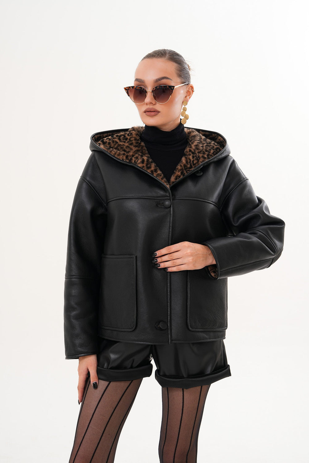 The Arlena Black \u0026amp; Leopard Shearling Leather Jacket Universal Fit